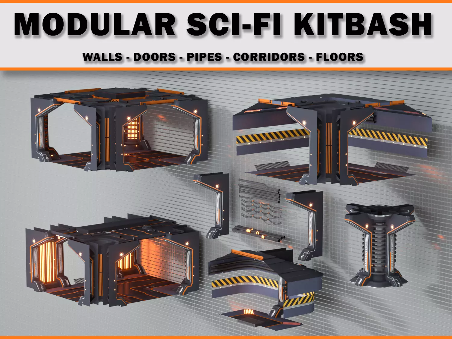 Sci-Fi Modular Corridor Interior Kitbash Set Low-poly 3D model_0