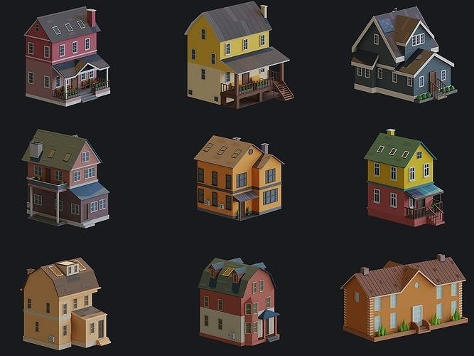 Cartoon Houses and Buildings Low-poly 3D model 7