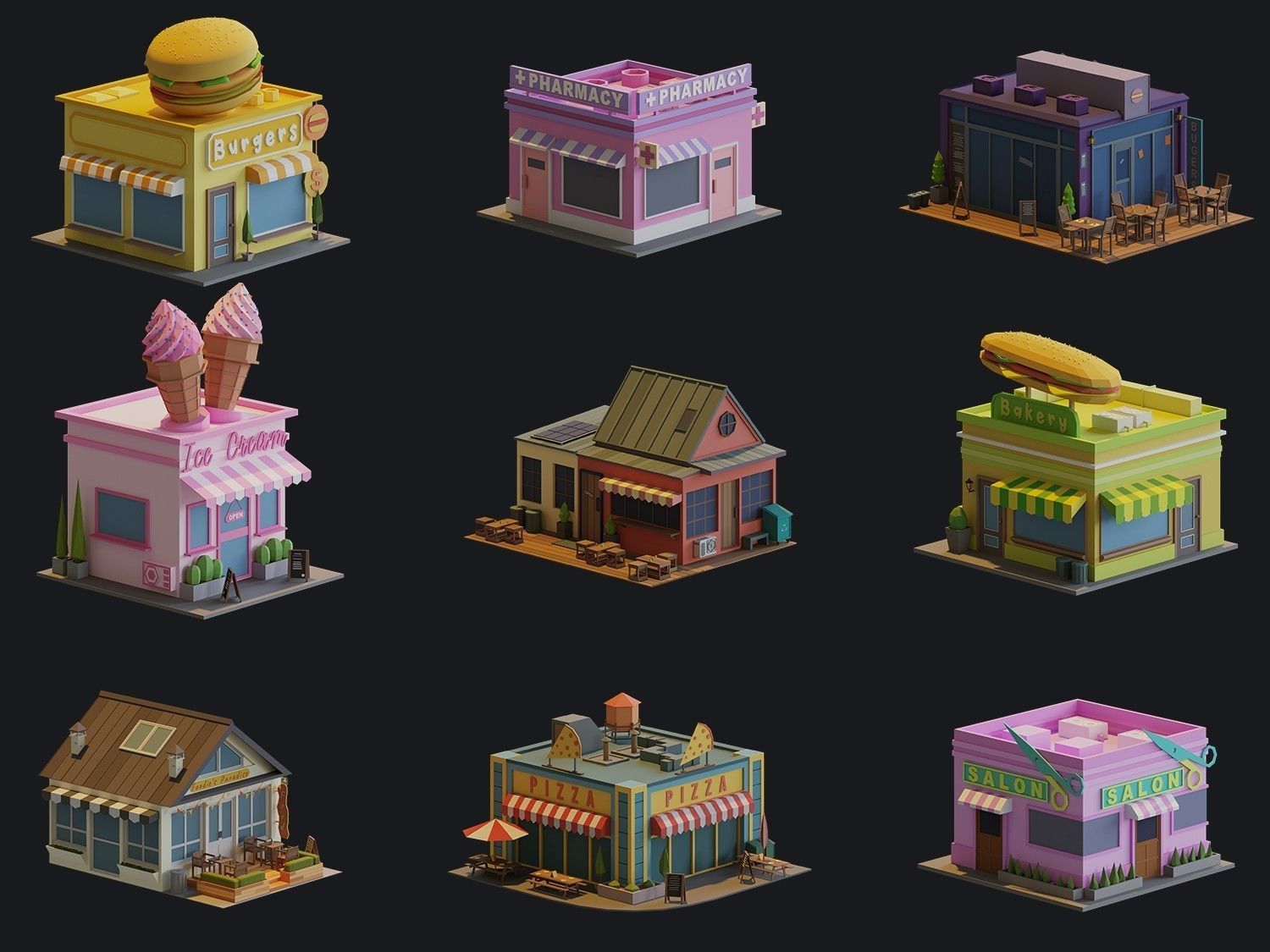 Cartoon Houses and Buildings Low-poly 3D model_1