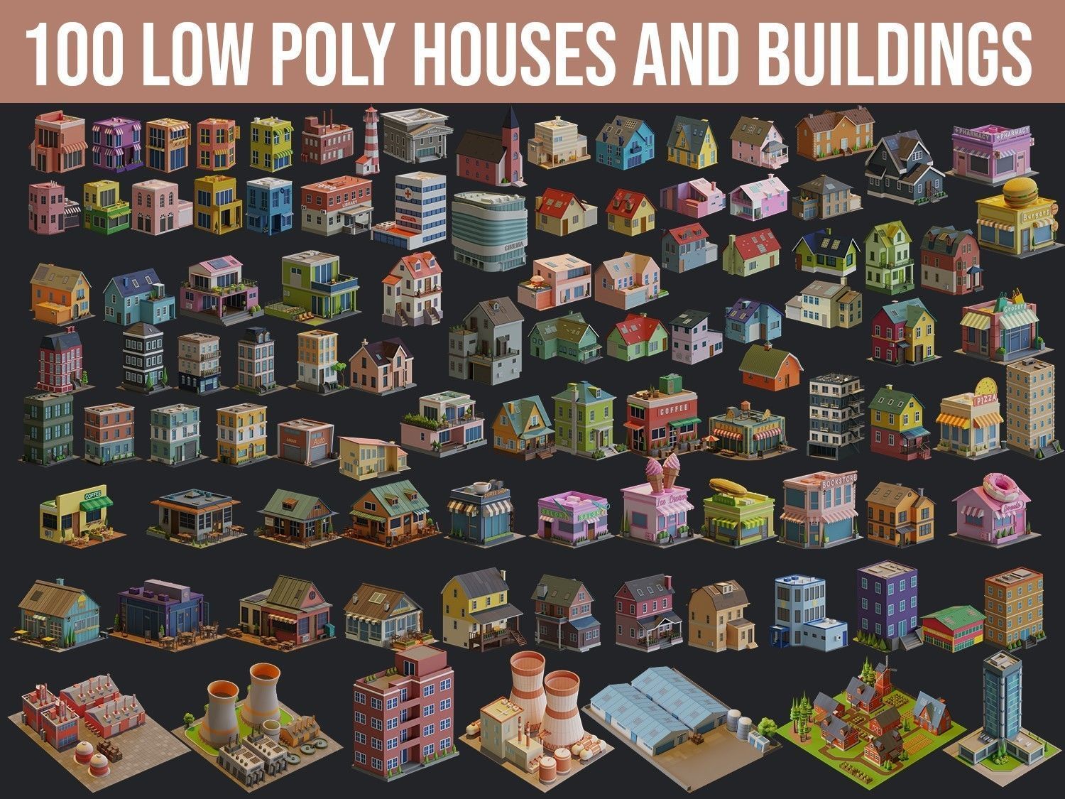 Cartoon Houses and Buildings Low-poly 3D model_0