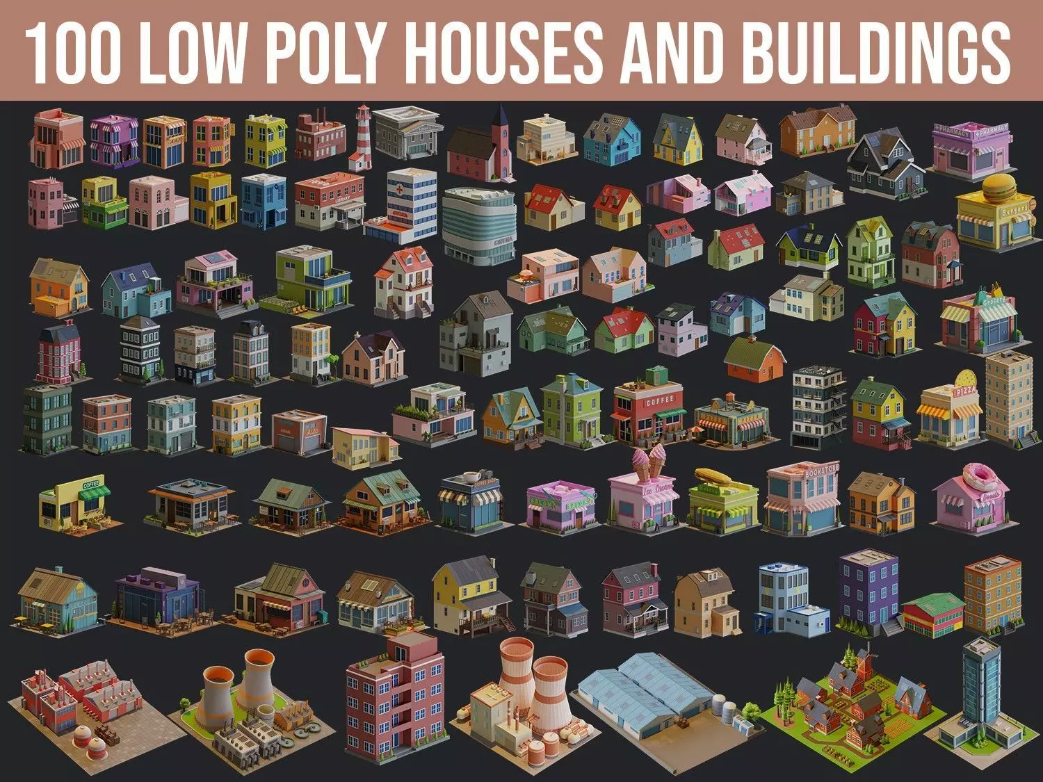 Cartoon Houses and Buildings Low-poly 3D model_0
