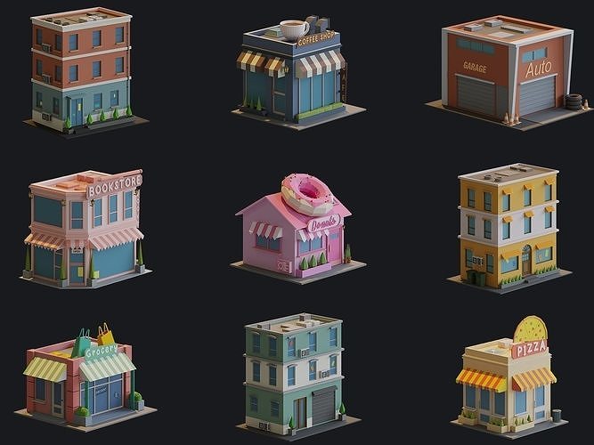 Cartoon Houses and Buildings Low-poly 3D model 4