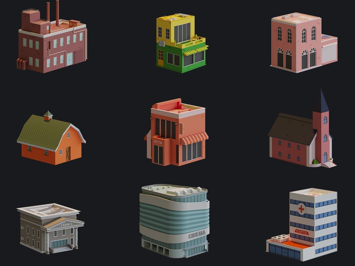 Cartoon Houses and Buildings Low-poly 3D model_11