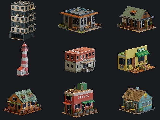 Cartoon Houses and Buildings Low-poly 3D model 3