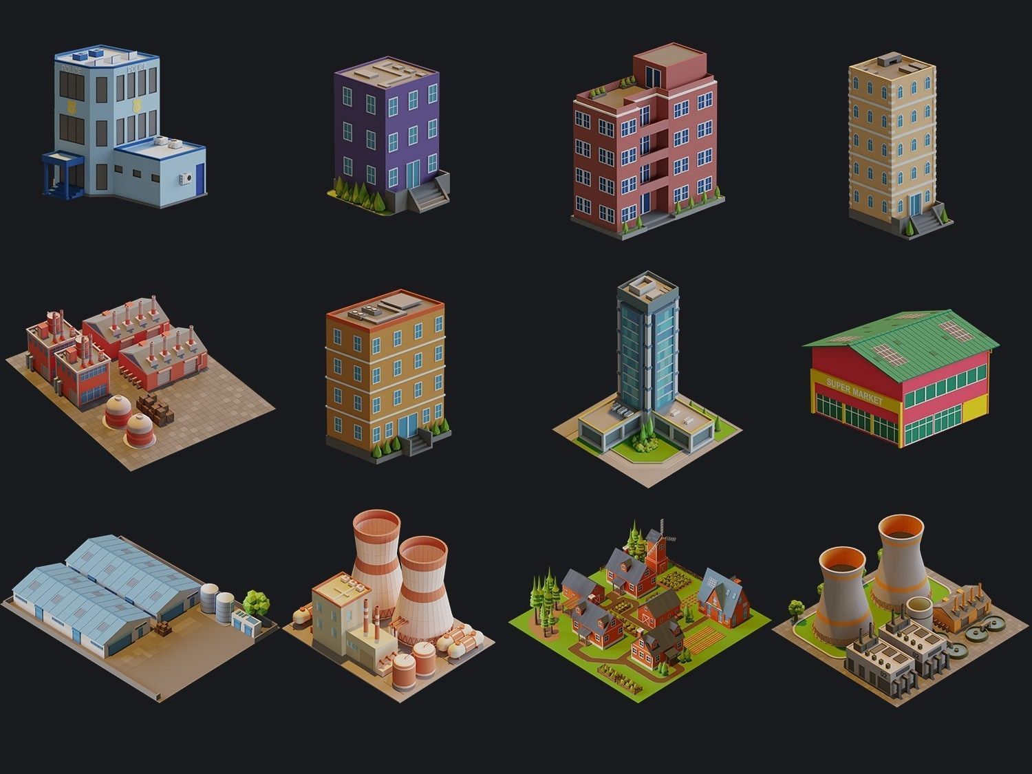 Cartoon Houses and Buildings Low-poly 3D model_9