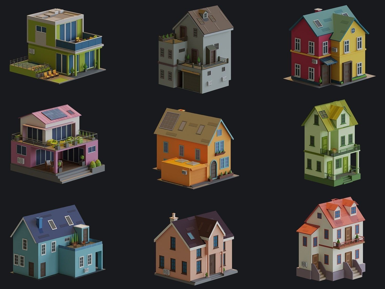 Cartoon Houses and Buildings Low-poly 3D model_4