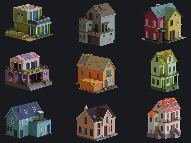 Cartoon Houses and Buildings Low-poly 3D model 5