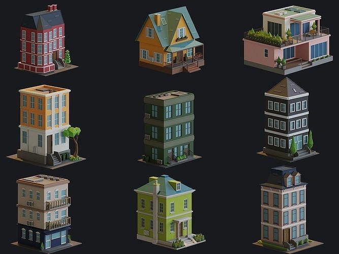Cartoon Houses and Buildings Low-poly 3D model 6