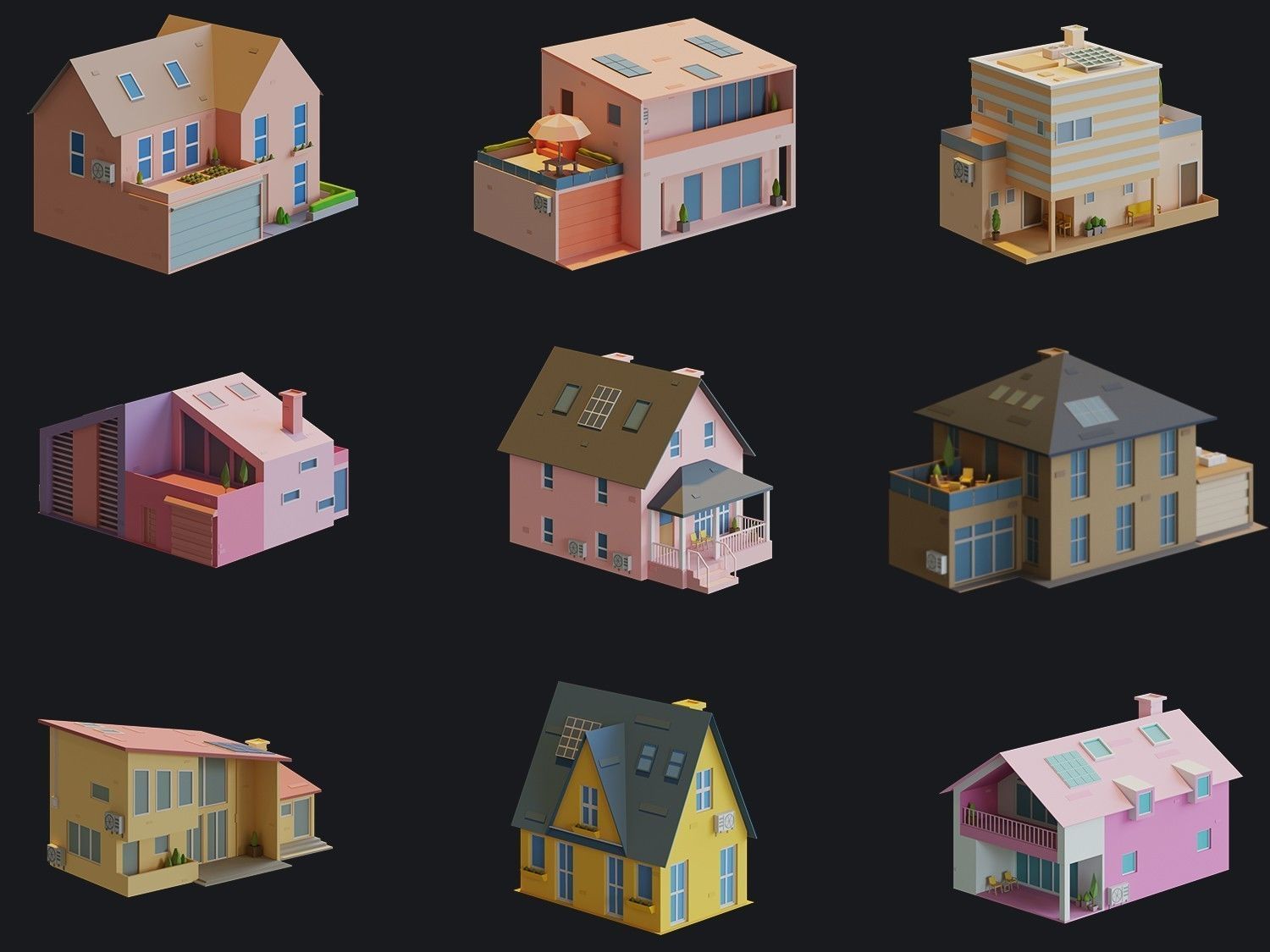 Cartoon Houses and Buildings Low-poly 3D model_8