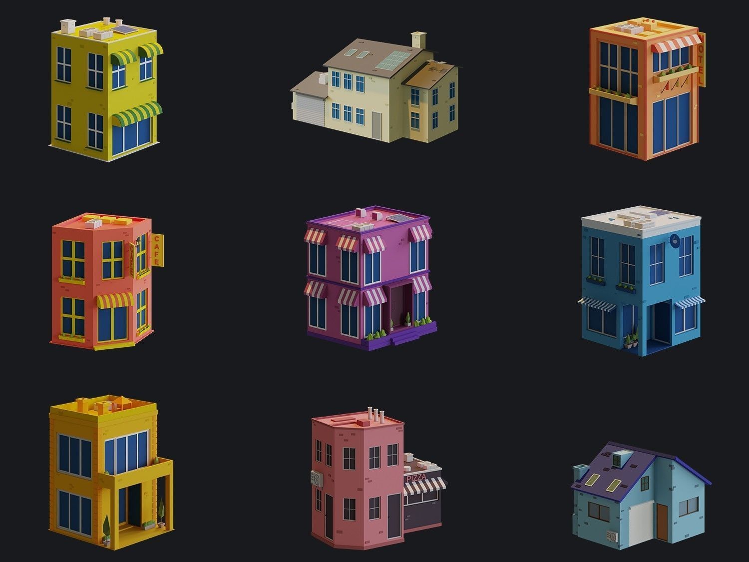 Cartoon Houses and Buildings Low-poly 3D model_10