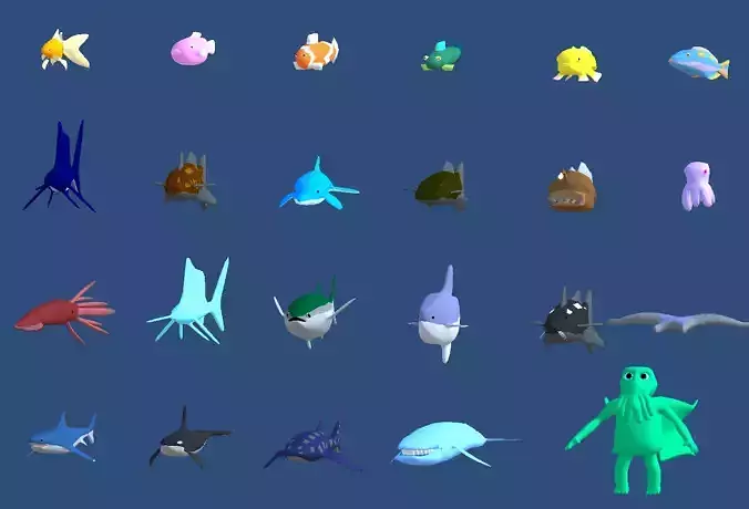 23 Low Poly Fish pack with icons Low-poly 3D model