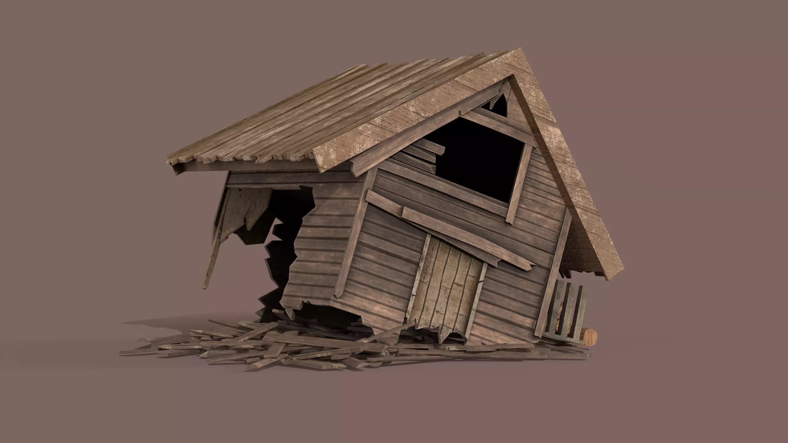 Destroyed Wooden House Low-poly 3D model