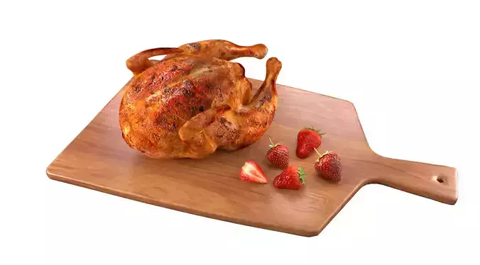 Food Roast Chicken Strawberries Chopping Board 3D Model 3D model
