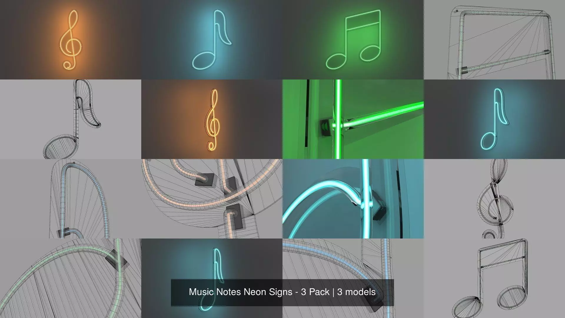 Music Notes Neon Signs - 3 Pack 3D Model Collection_0