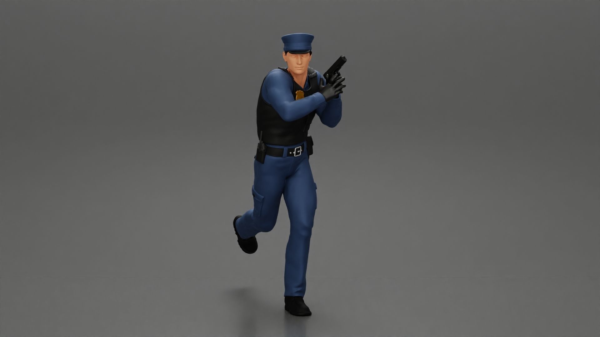 Police Officer running Chasing Criminal On Roadway holding a gun 3D print model_1