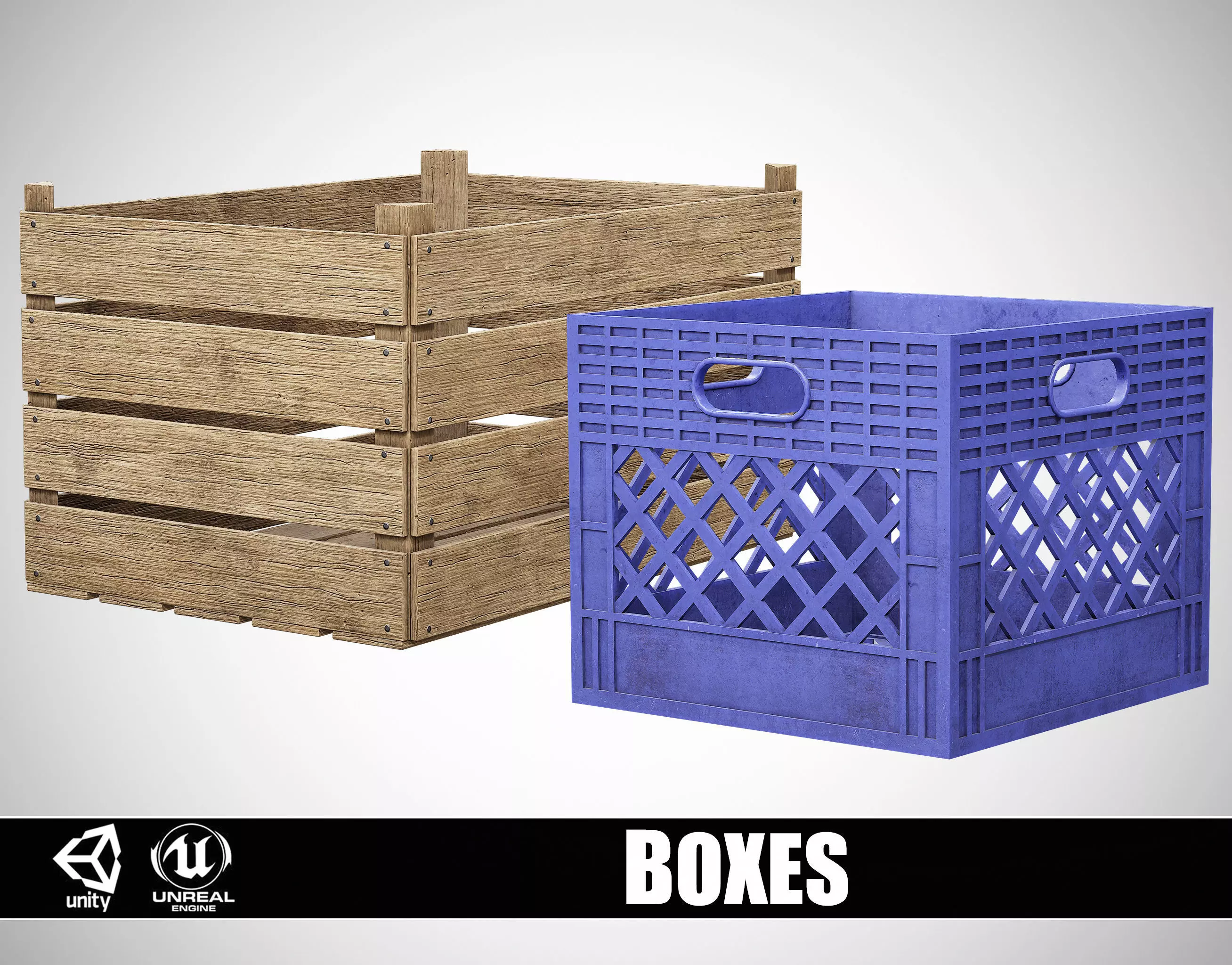 Wooden and Plastic Boxes Low-poly 3D model_0