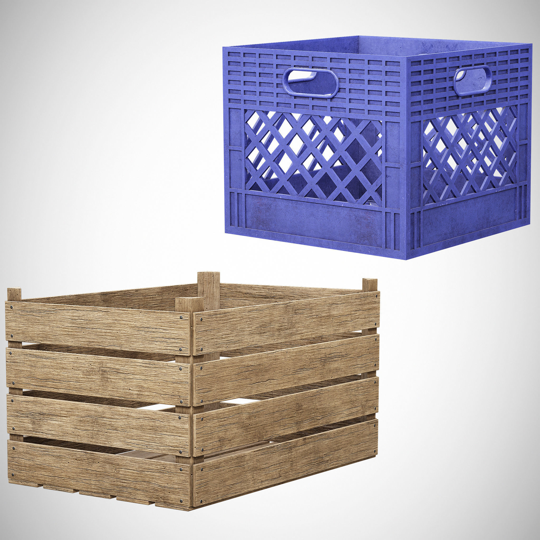 Wooden and Plastic Boxes Low-poly 3D model_2