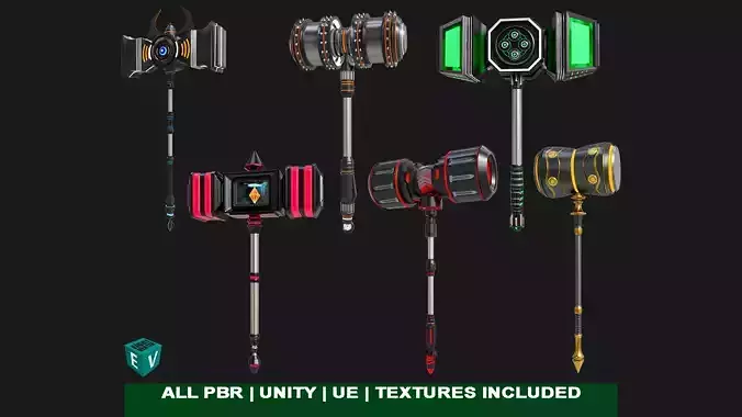 6 Sci Fi Battle Hammers All PBR Unity UE Textures Included
