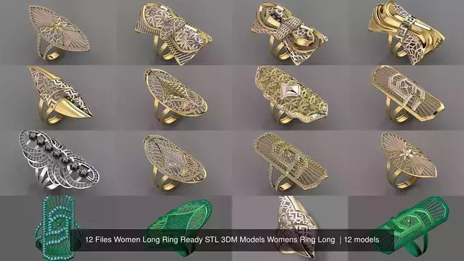 12 Files Women Long Ring Ready STL 3DM Models Womens Ring Long 