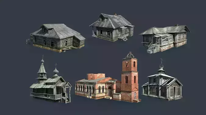 Abandoned Russian Village Collection Low-poly 3D model