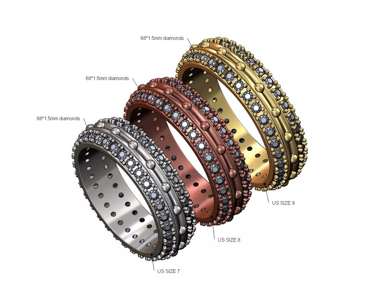 Diamond split and bead fashion band US sizes 7 8 9 3D print model