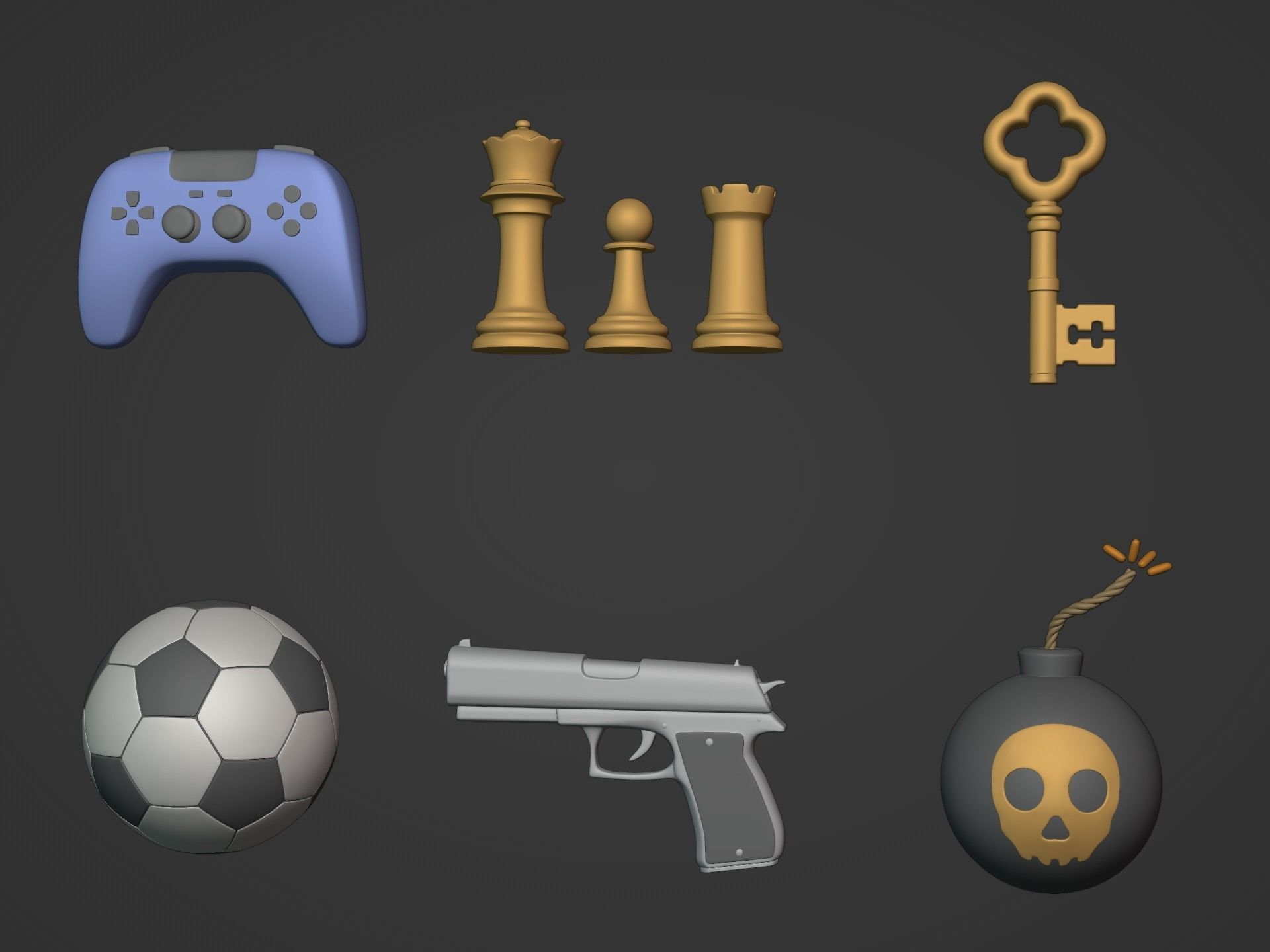 3D model Cartoon Icons Pack - Controller - Bomb - Gun - Soccer Ball ...