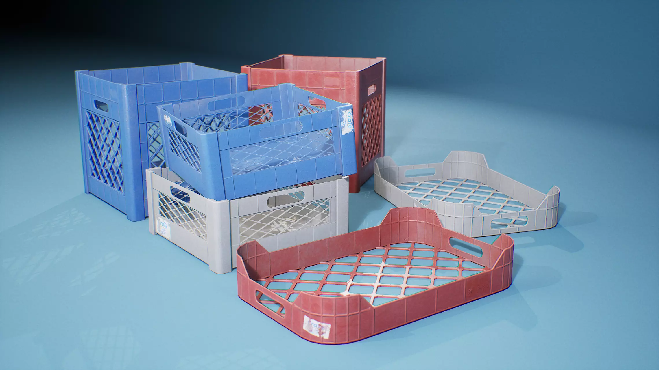 Plastic Crate Pack - 3 Colour PBR Game Ready Crates Unreal Unity Free low-poly 3D model