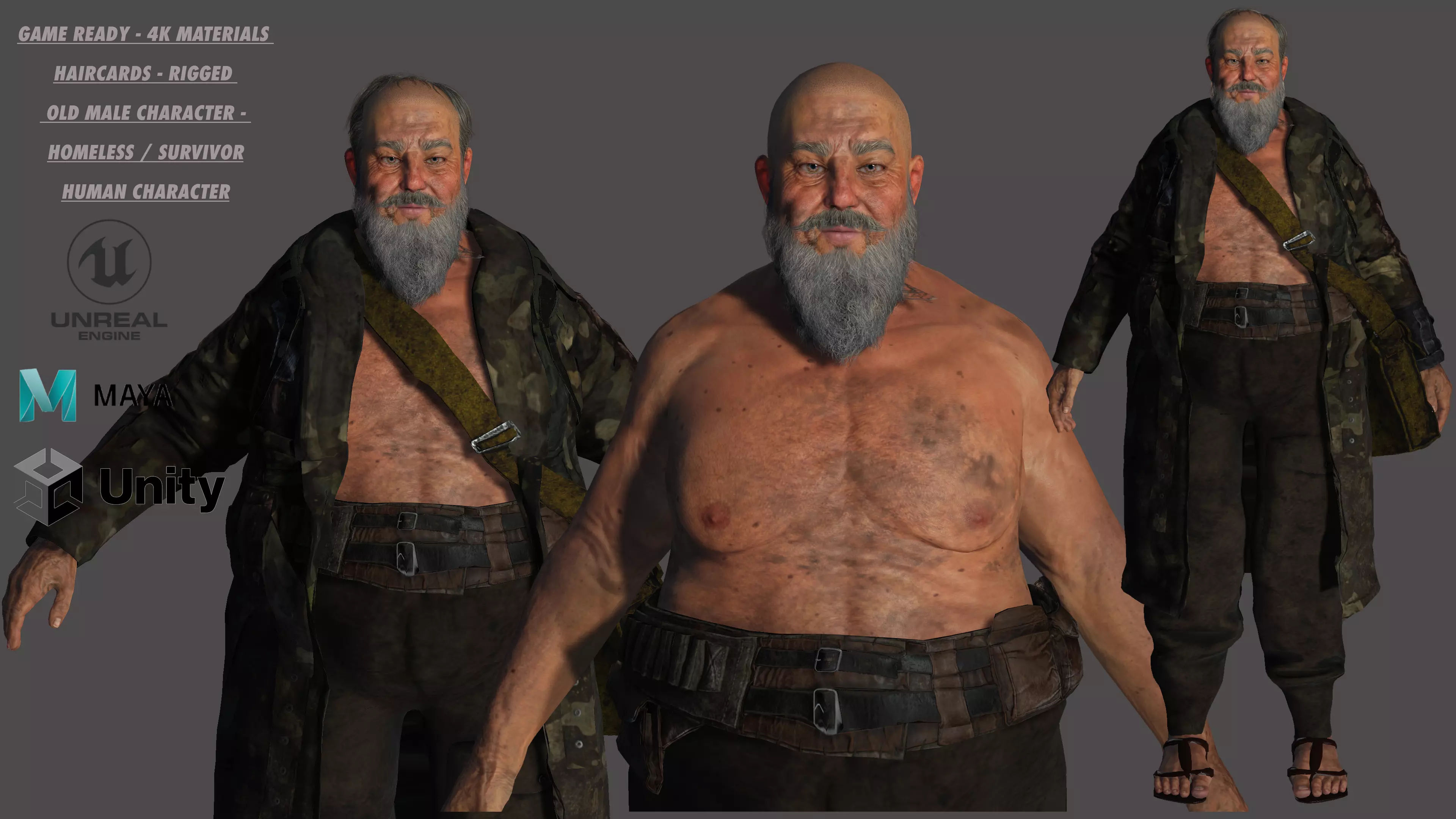 AAA 3D OLD FAT BEARD MAN HOMELESS SURVIVOR- GAME READY CHARACTER Low-poly 3D model_0