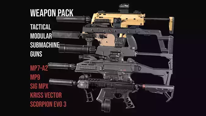 Tactical Modular Modern SMG gun Weapon Pack 3D Model Collection