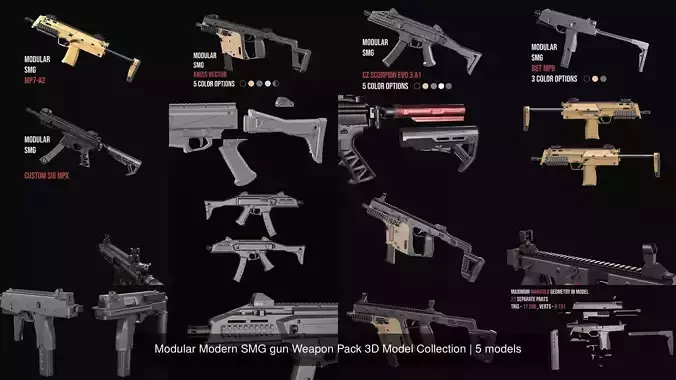 Modular Modern SMG gun Weapon Pack 3D Model Collection