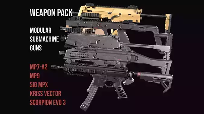 Modular Modern SMG gun Weapon Pack 3D Model Collection 