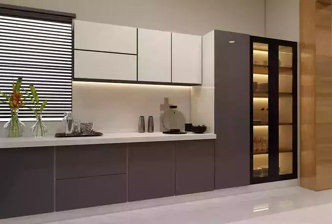 Kitchen modern with wooden cabinets and counter tops 3D model