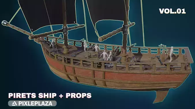 Pirate Ship with Interior - Props and Guns and Textures - Vol 1 Low-poly 3D model
