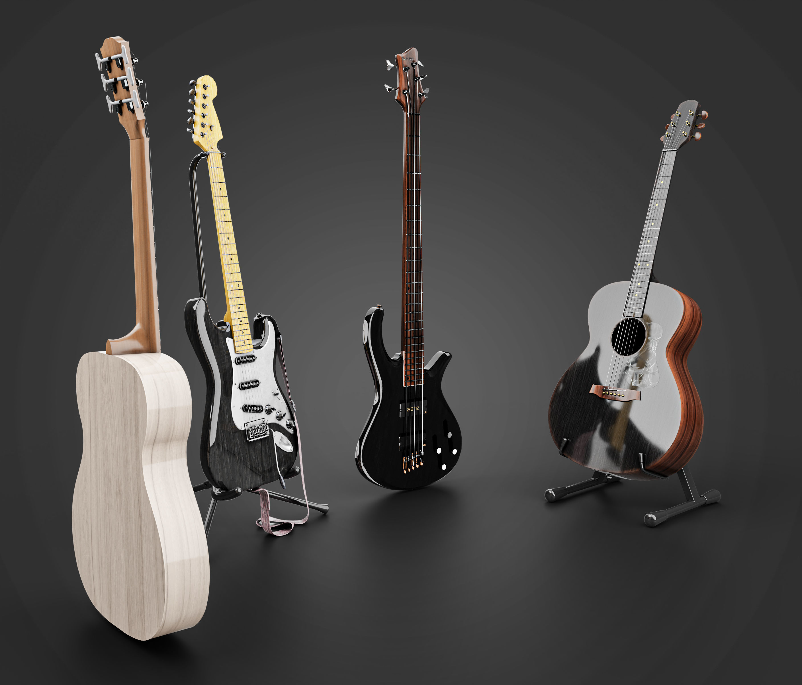 4 electric guitars 3D Model Collection_1