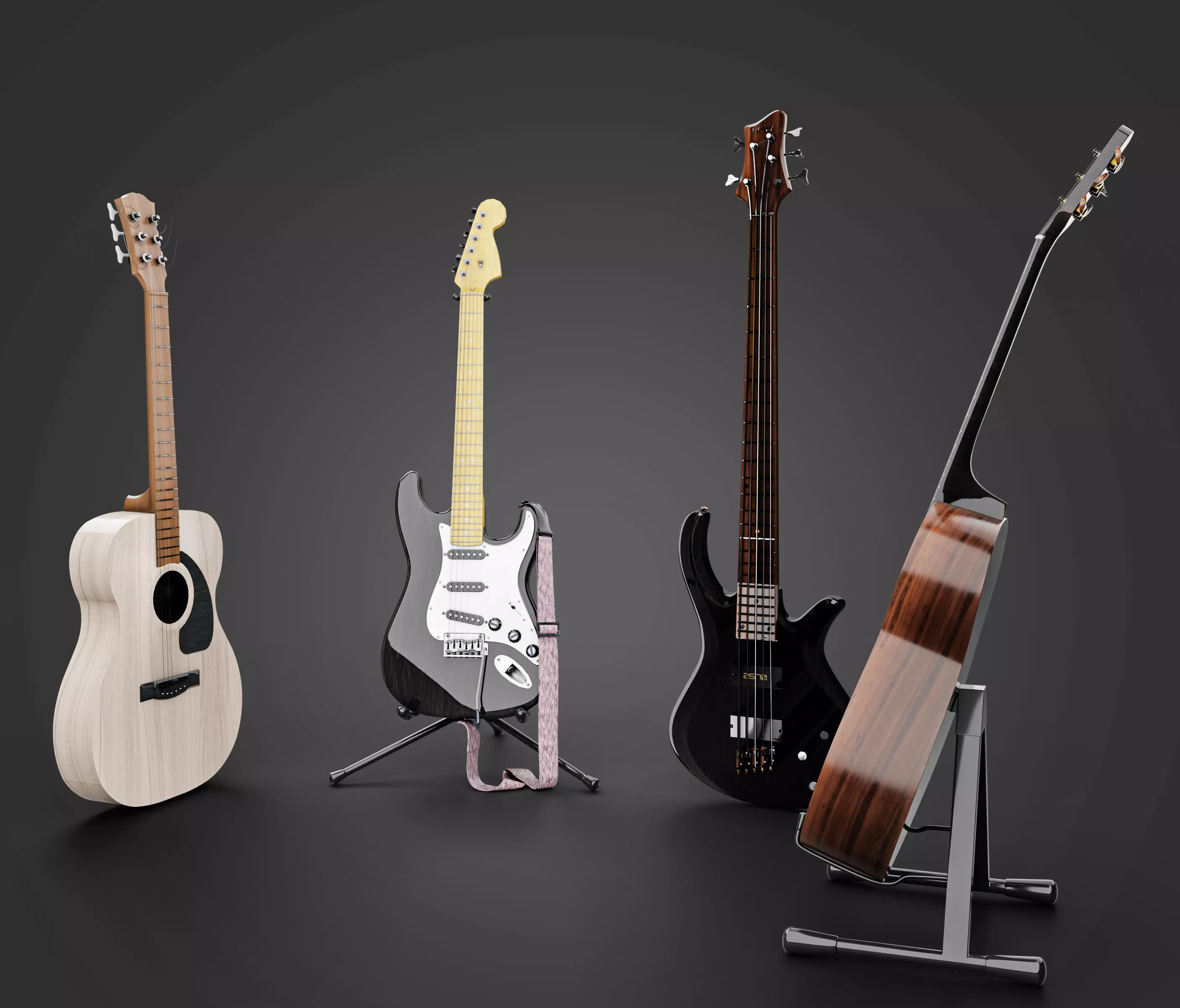 4 electric guitars 3D Model Collection_0