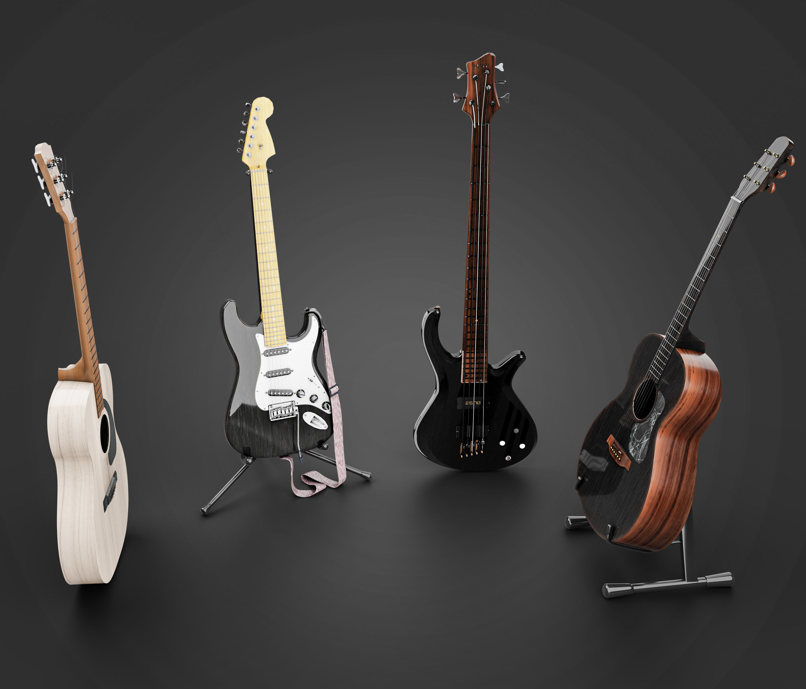 4 electric guitars 3D Model Collection_2