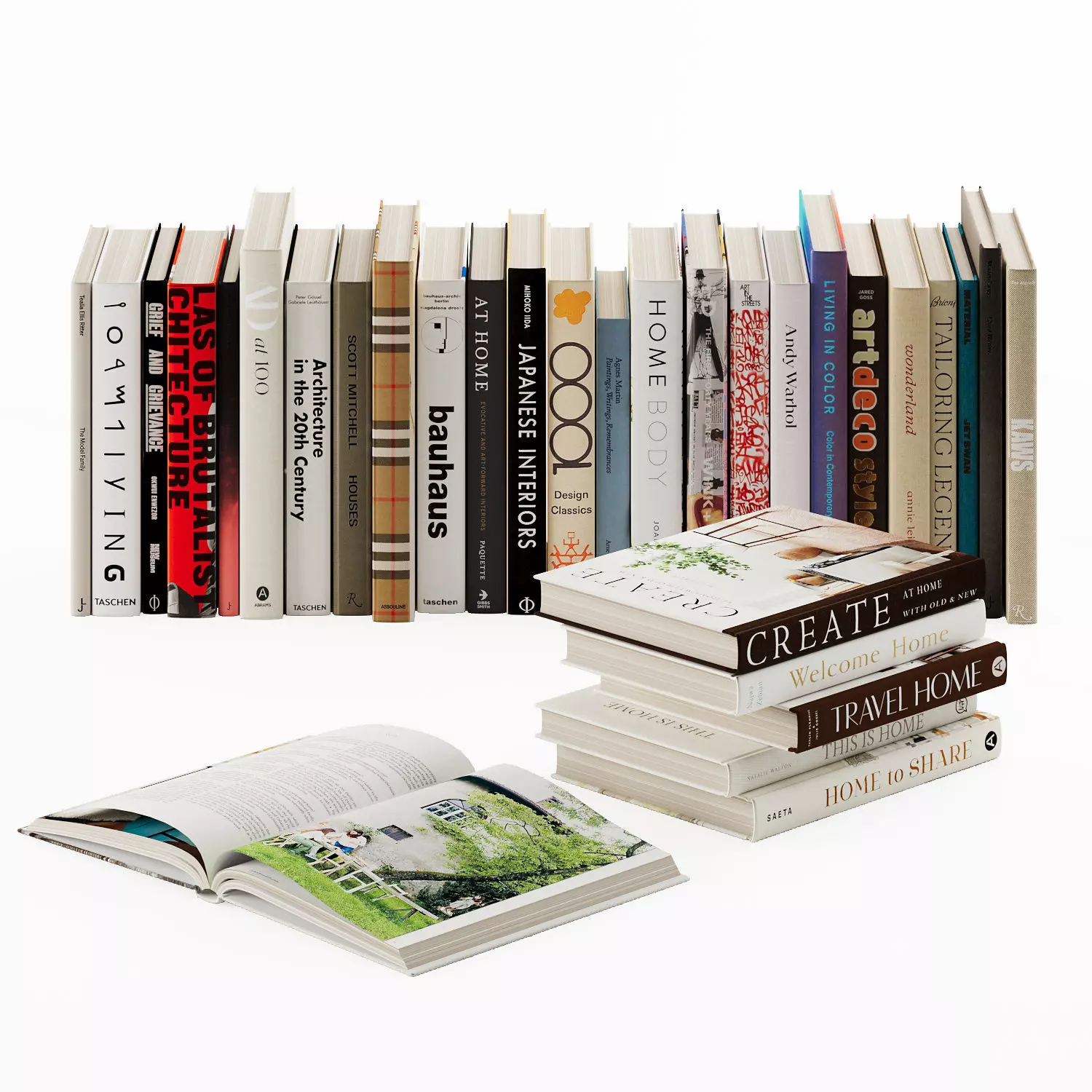 Set of 30 books with full covers and one book opened 3D model_0