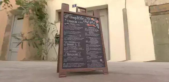 Wooden menu sign with Chalk board for a cafe 3D model Low-Poly