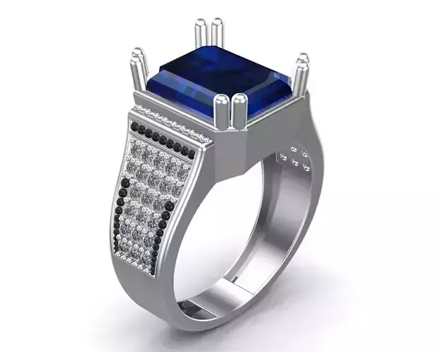Sapphire Blue Stone Stylish White Gold Diamonds Gents Ring