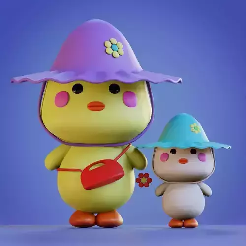 Cute little Duck with Duckling Low-poly 3D model