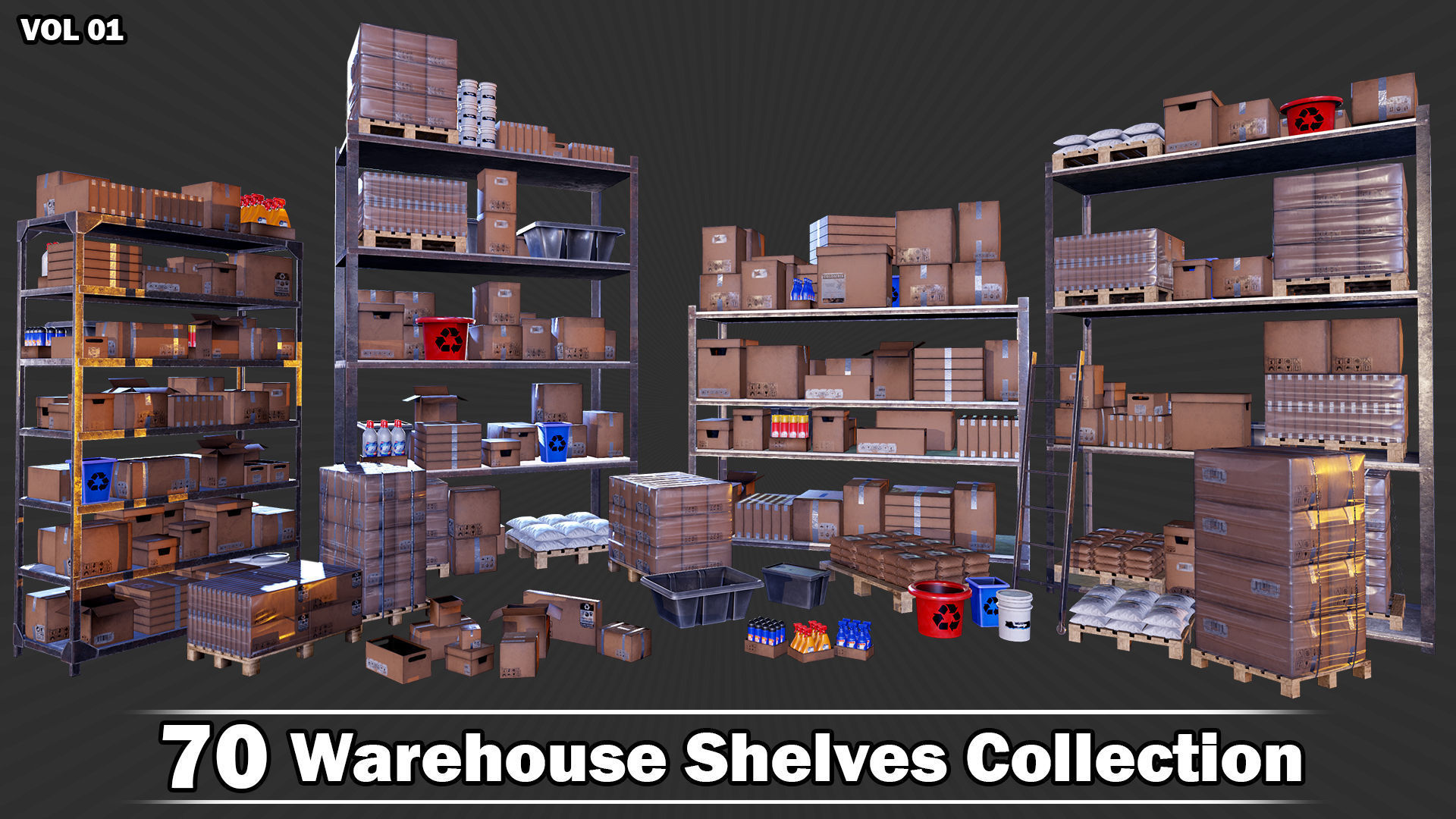 70 Warehouse Shelves Collection Game Ready VOL01 Low-poly 3D model_1