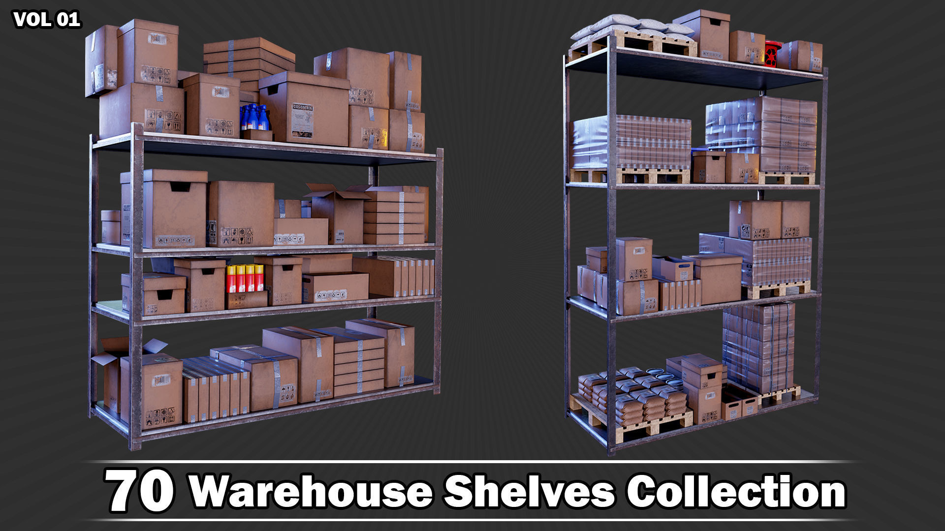 70 Warehouse Shelves Collection Game Ready VOL01 Low-poly 3D model_6