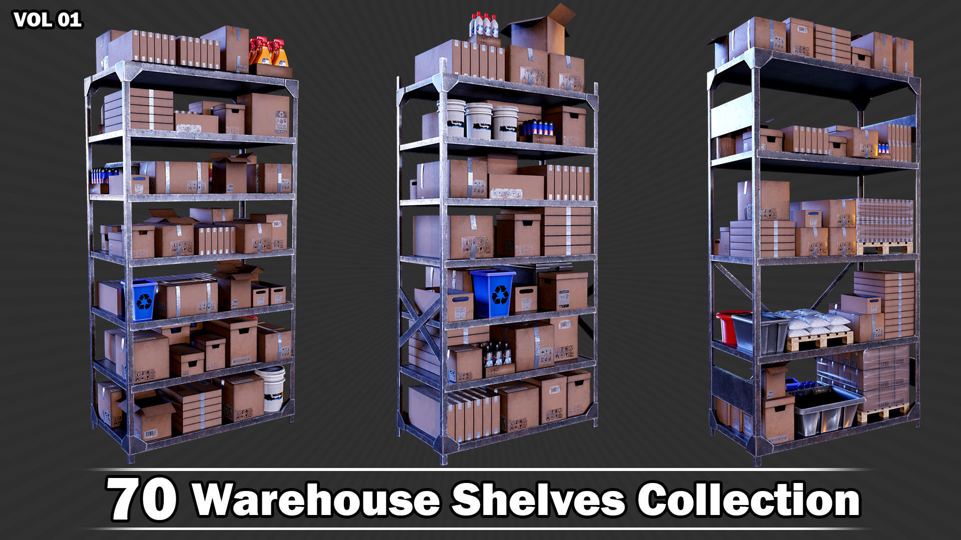 70 Warehouse Shelves Collection Game Ready VOL01 Low-poly 3D model_3
