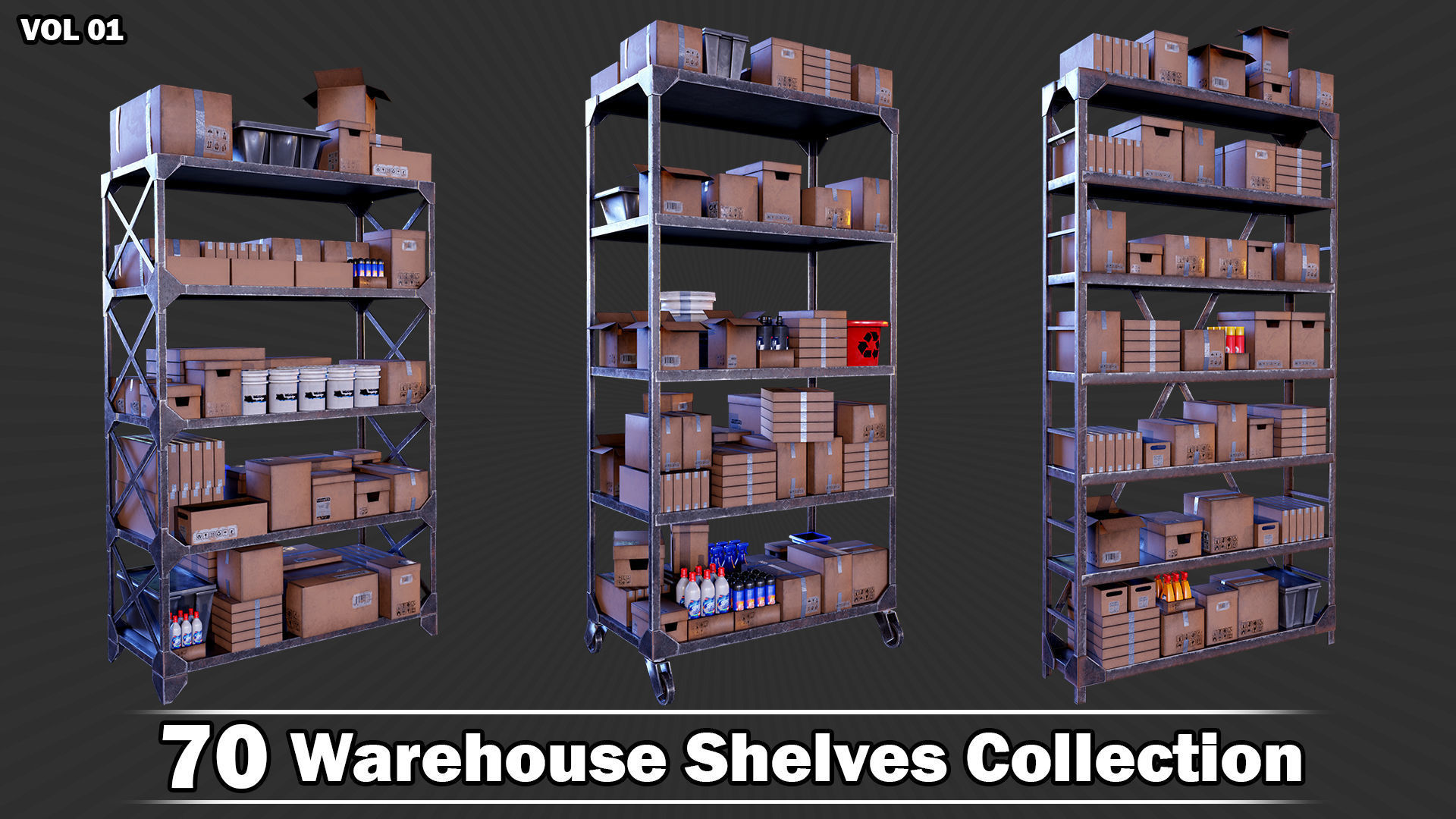 70 Warehouse Shelves Collection Game Ready VOL01 Low-poly 3D model_4