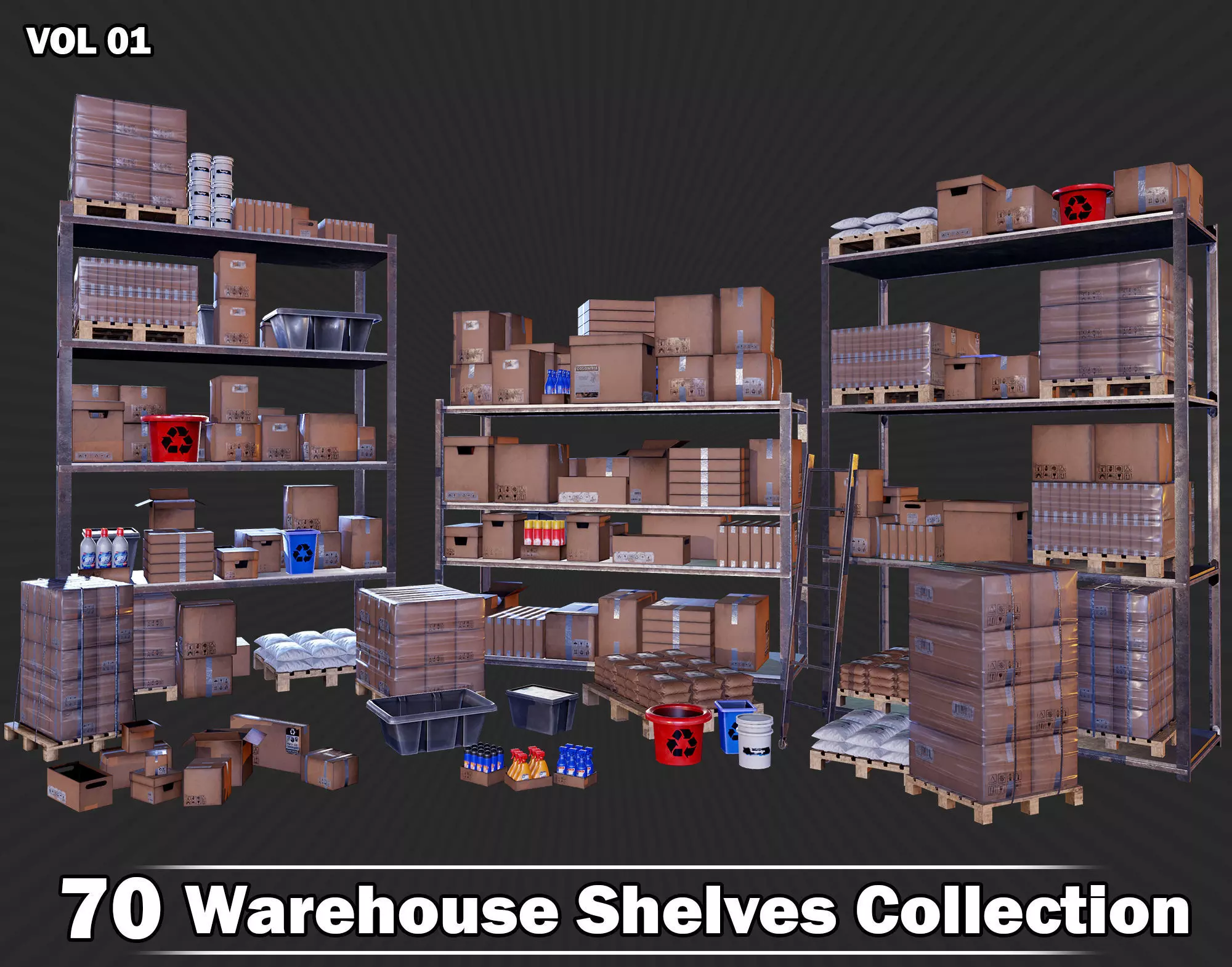 70 Warehouse Shelves Collection Game Ready VOL01 Low-poly 3D model_0