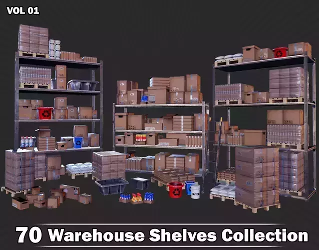70 Warehouse Shelves Collection Game Ready VOL01