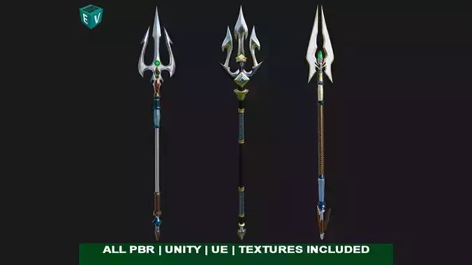 3 Fantasy Tridents Collection All PBR Unity UE Textures Included 