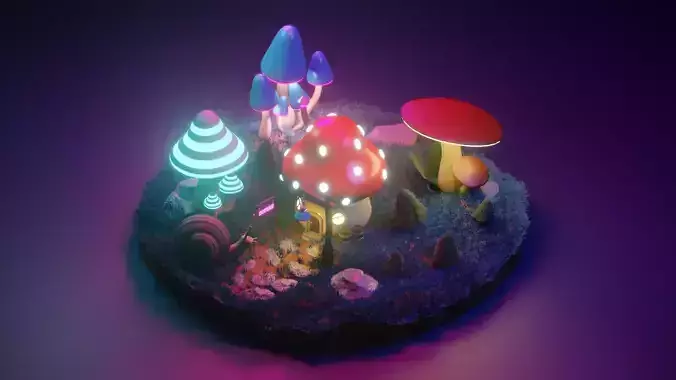 Magic mushroom forest  Low-poly 3D model