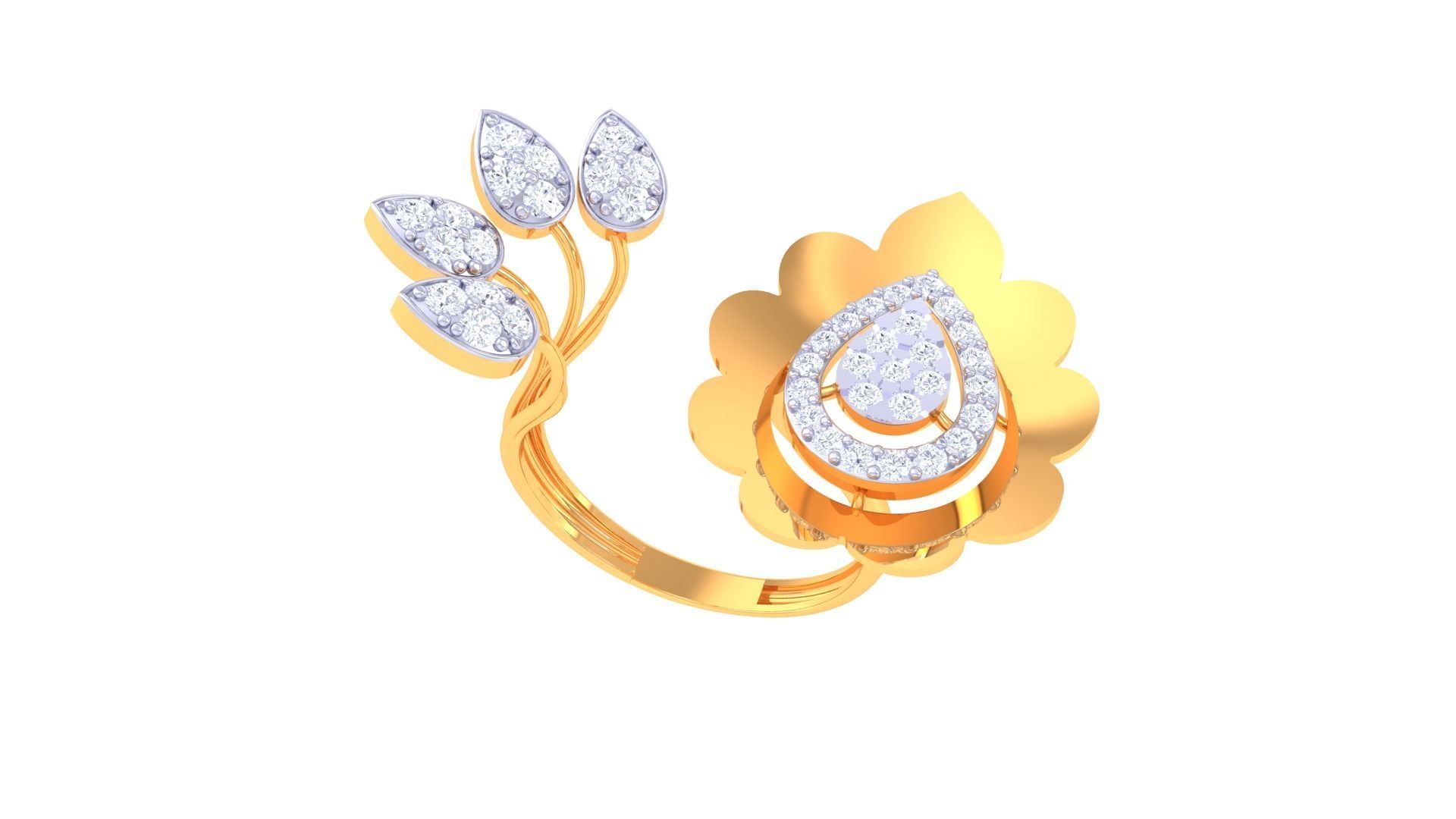 Bi Flower High Jewelry Diamond Cocktail Ring 3dm stl obj renders 3D print model_5