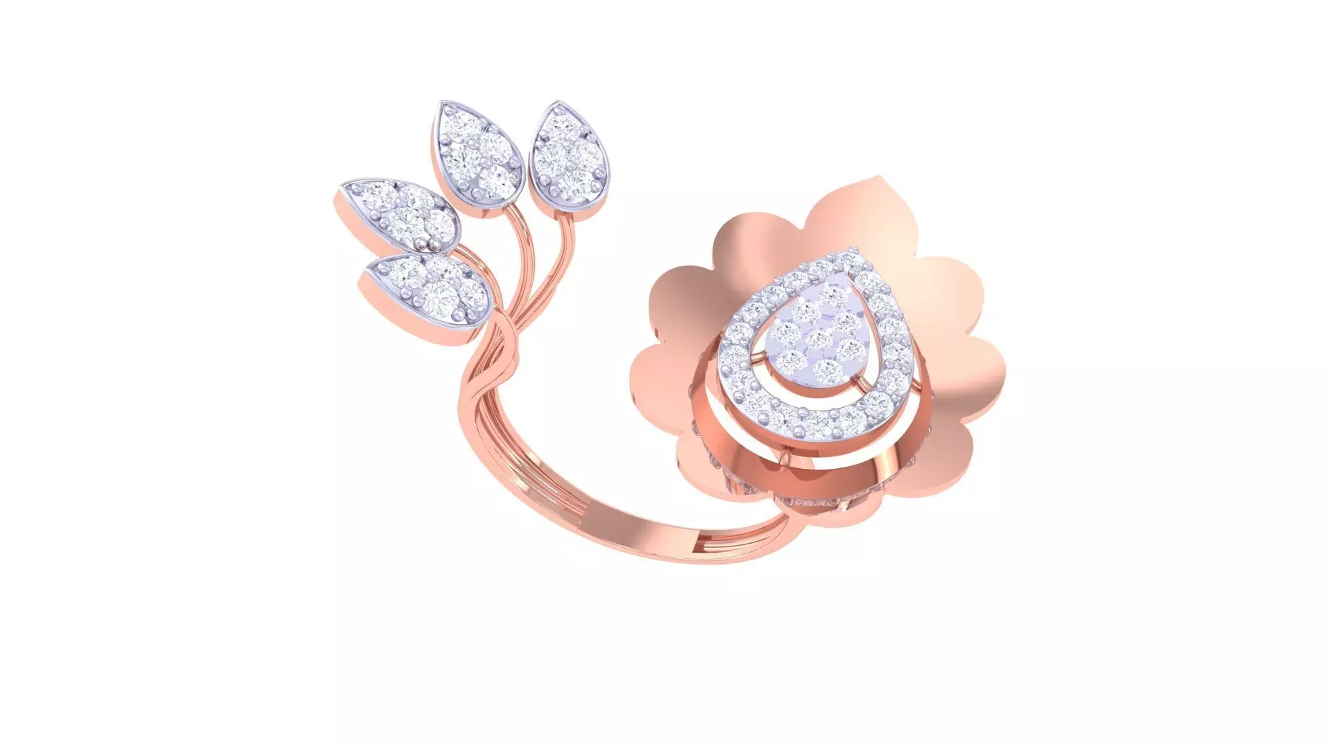 Bi Flower High Jewelry Diamond Cocktail Ring 3dm stl obj renders 3D print model_0